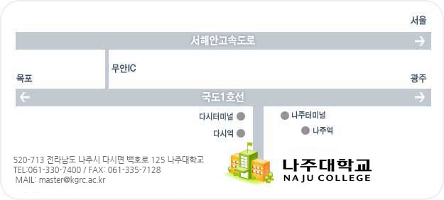 520-713 전남 나주시 다시면 백호로 125 나주대학교 Tel 061-330-7323~4 Fax 061-330-7322